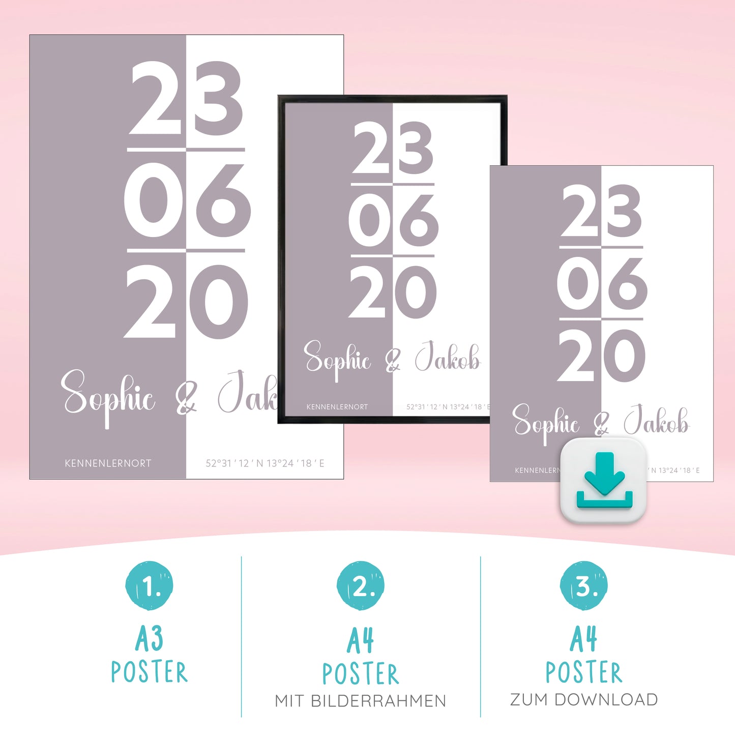 Personalisierbares Poster zur Erinnerung an Kennenlerntag, modernes Design, verschiedene Formate