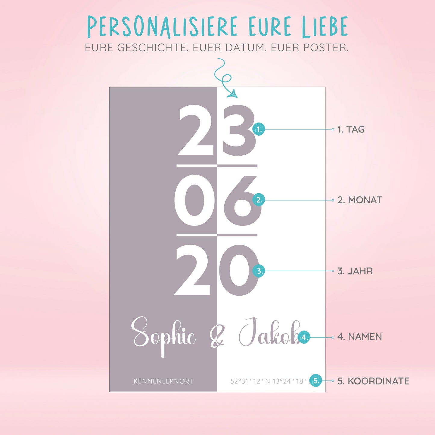 Personalisiertes Poster mit Datum, Namen und Koordinaten auf rosa Hintergrund, Geschenkidee Liebe