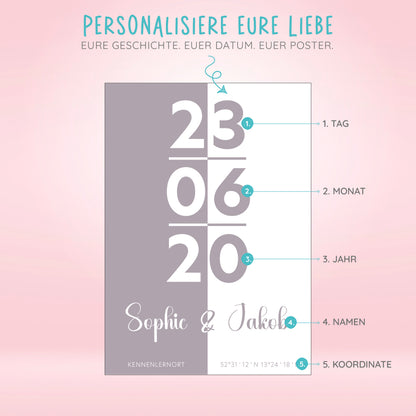 Personalisiertes Poster mit Datum, Namen und Koordinaten auf rosa Hintergrund, Geschenkidee Liebe