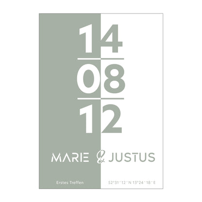 Poster | Koordinaten mit Name + Datum | Salbeigrün