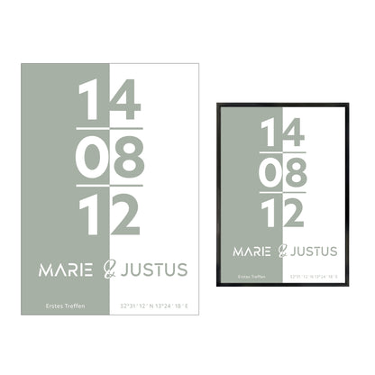 Poster | Koordinaten mit Name + Datum | Salbeigrün