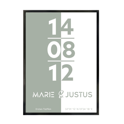 Poster | Koordinaten mit Name + Datum | Salbeigrün