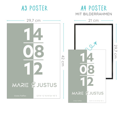 Poster | Koordinaten mit Name + Datum | Salbeigrün