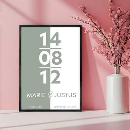 Poster | Koordinaten mit Name + Datum | Salbeigrün