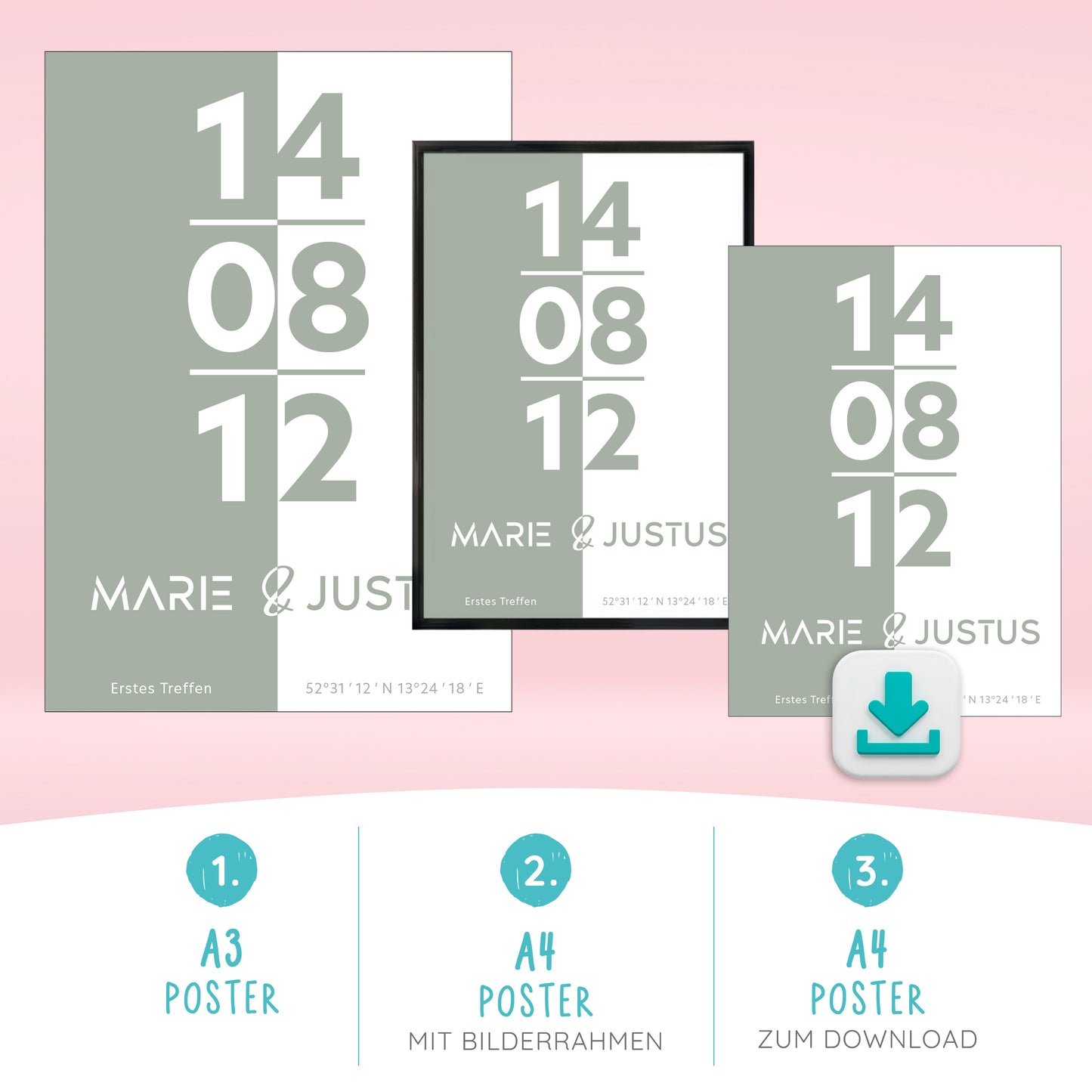 Poster | Koordinaten mit Name + Datum | Salbeigrün