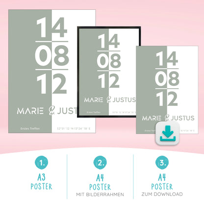 Poster | Koordinaten mit Name + Datum | Salbeigrün