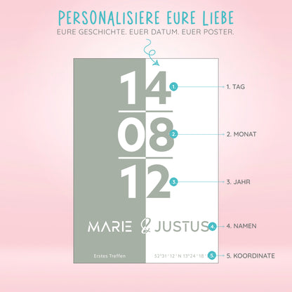 Poster | Koordinaten mit Name + Datum | Salbeigrün