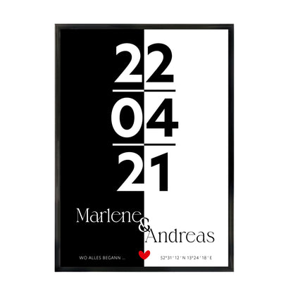 Poster | Koordinaten mit Name + Datum | Schwarz-Weiß