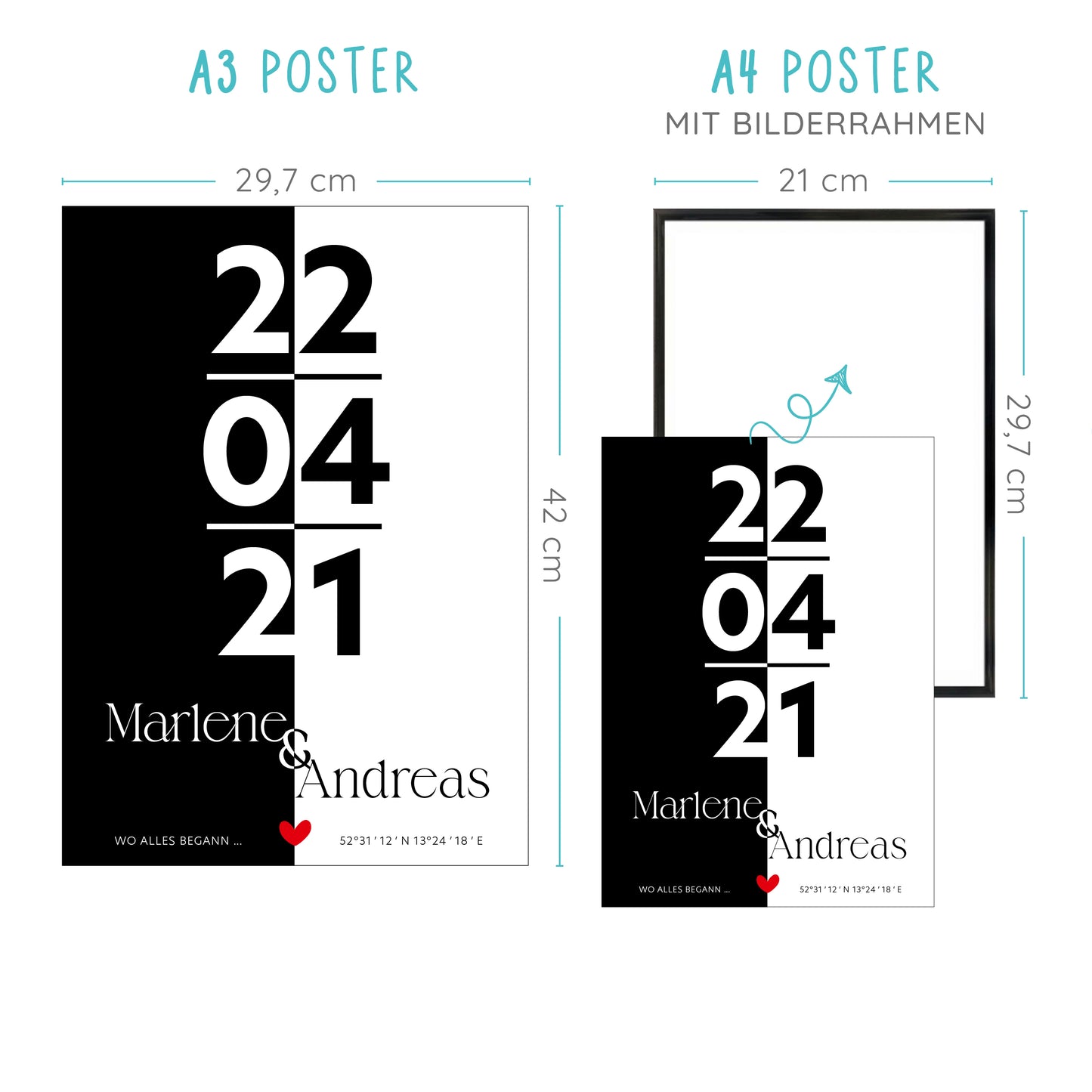 Poster | Koordinaten mit Name + Datum | Schwarz-Weiß