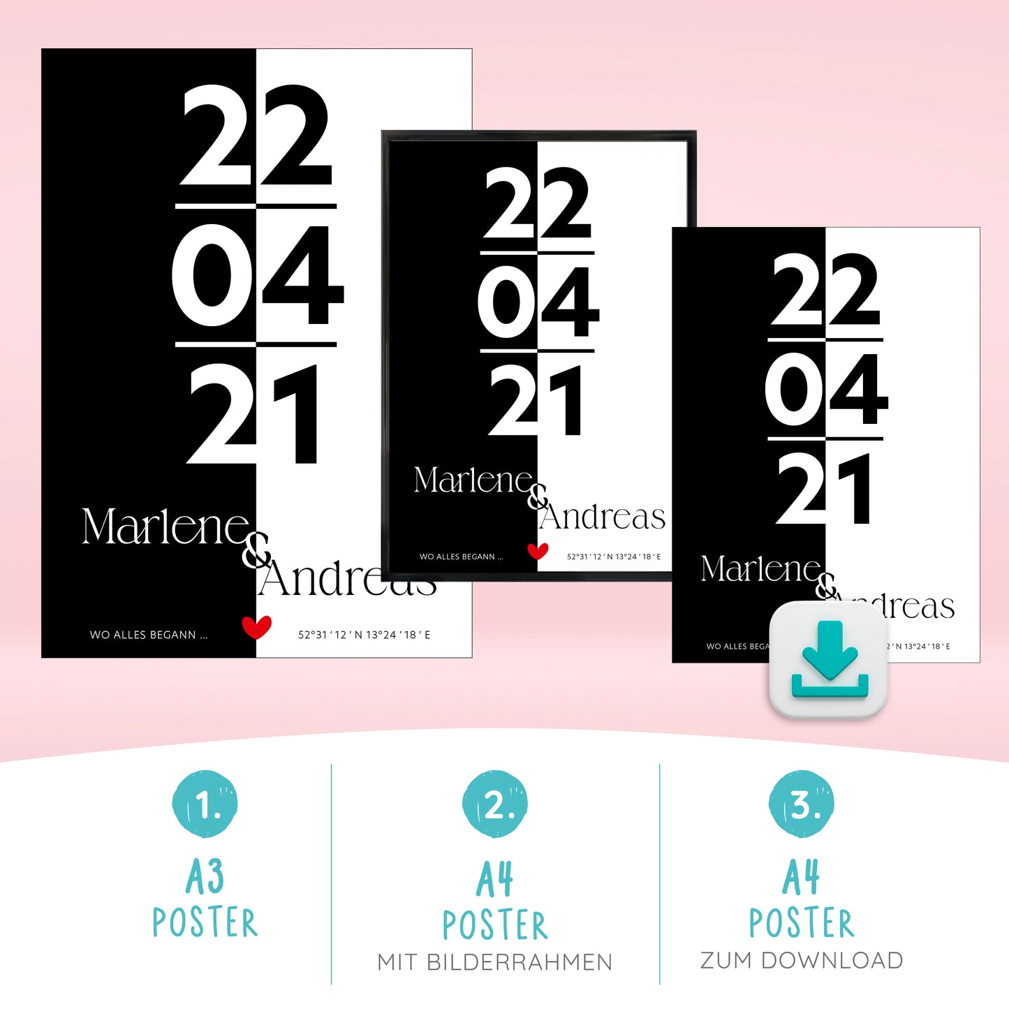 Poster | Koordinaten mit Name + Datum | Schwarz-Weiß