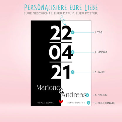 Poster | Koordinaten mit Name + Datum | Schwarz-Weiß