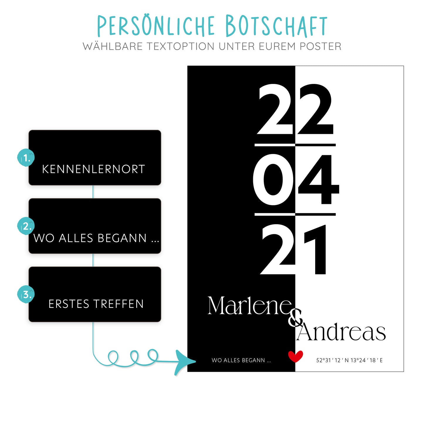 Poster | Koordinaten mit Name + Datum | Schwarz-Weiß