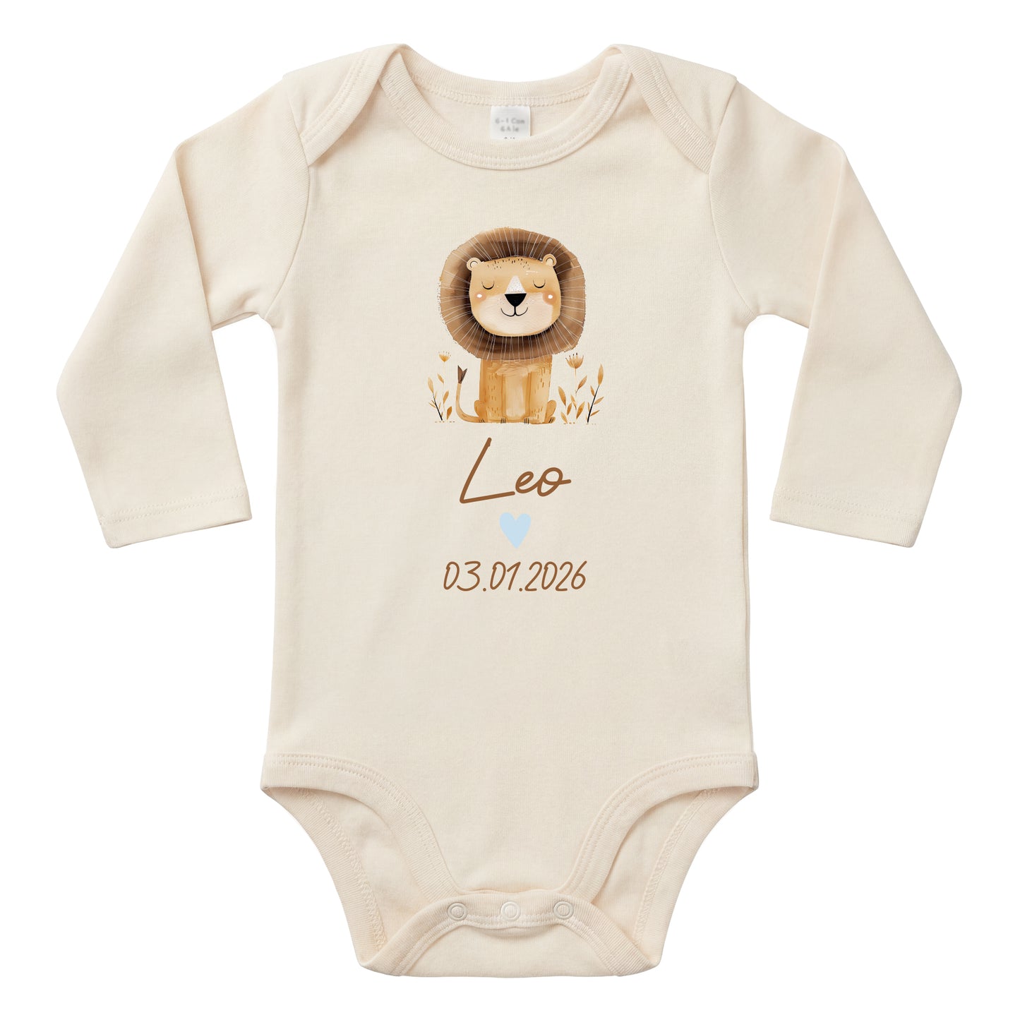 Baby Body Langarm mit Name & Geburtsdatum | Wickelbody aus Bio-Baumwolle | Tierparty - Löwe