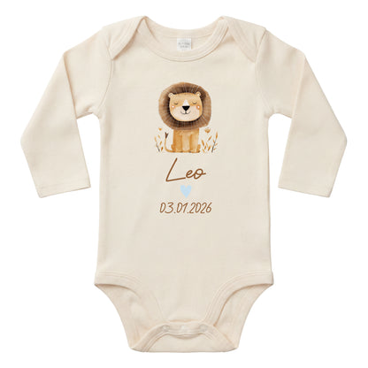 Baby Body Langarm mit Name & Geburtsdatum | Wickelbody aus Bio-Baumwolle | Tierparty - Löwe