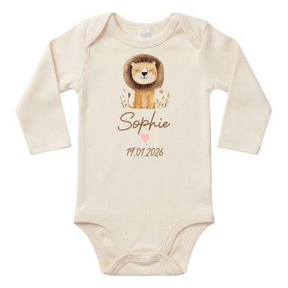 Baby Body Langarm mit Name & Geburtsdatum | Wickelbody aus Bio-Baumwolle | Tierparty - Löwe