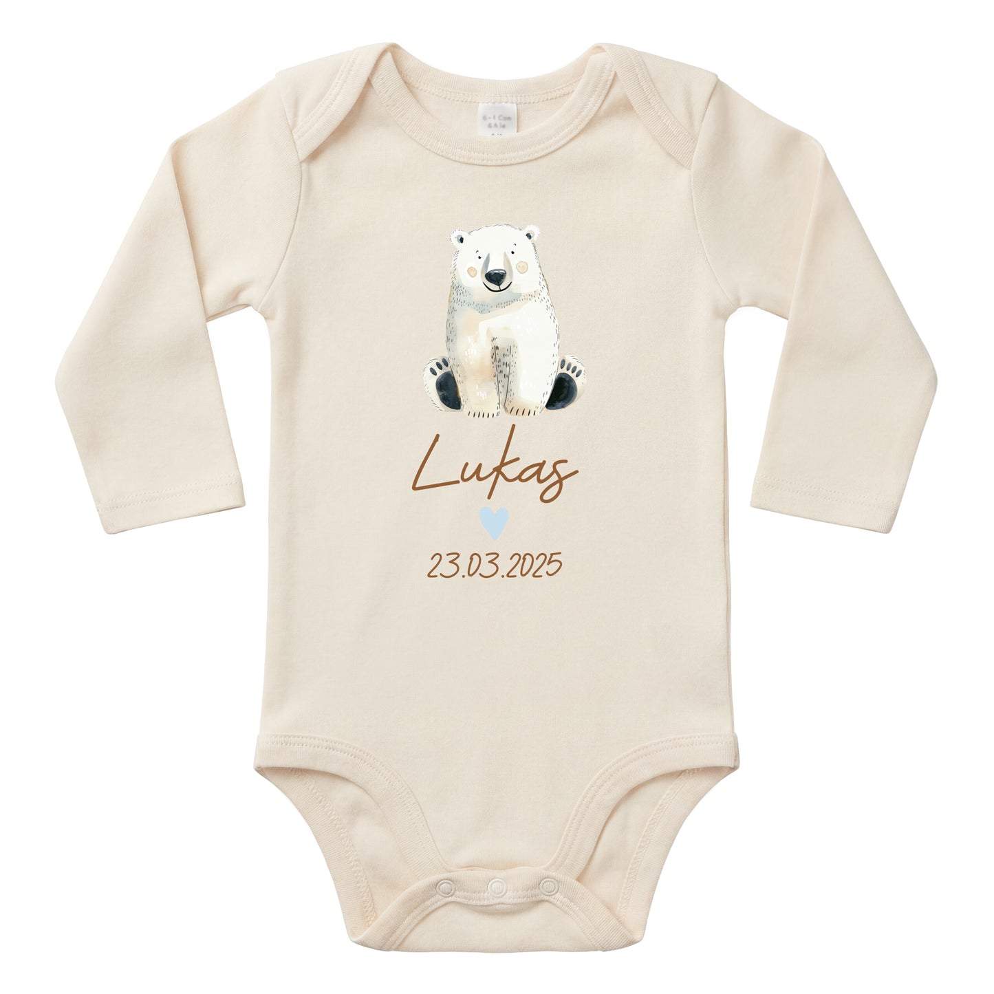 Baby Body Langarm mit Name & Geburtsdatum | Wickelbody aus Bio-Baumwolle | Tierparty - Eisbär