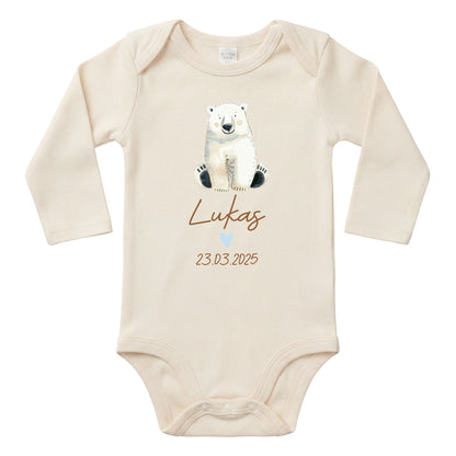 Baby Body Langarm mit Name & Geburtsdatum | Wickelbody aus Bio-Baumwolle | Tierparty - Eisbär