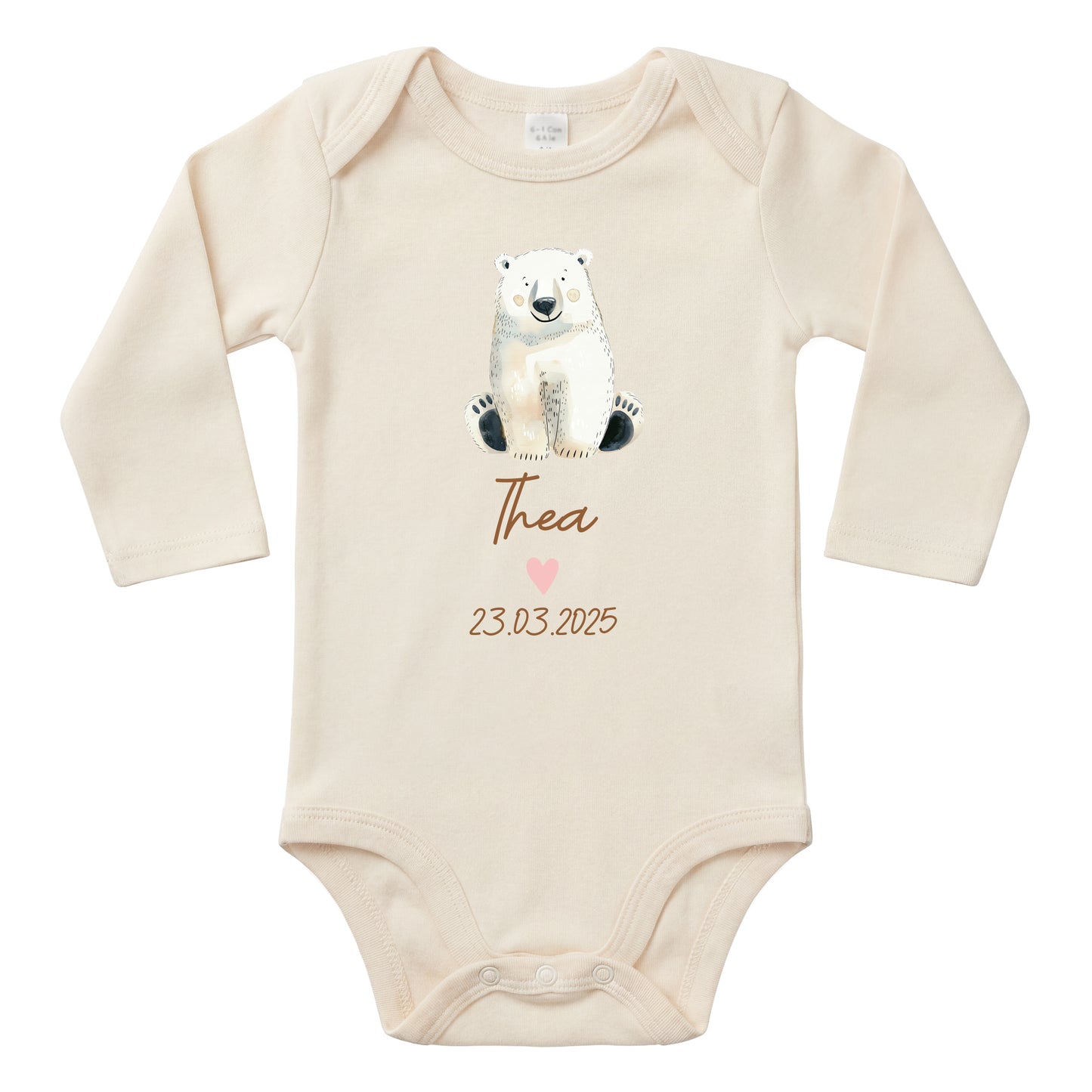 Baby Body Langarm mit Name & Geburtsdatum | Wickelbody aus Bio-Baumwolle | Tierparty - Eisbär