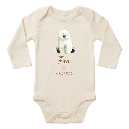 Baby Body Langarm mit Name & Geburtsdatum | Wickelbody aus Bio-Baumwolle | Tierparty - Eisbär