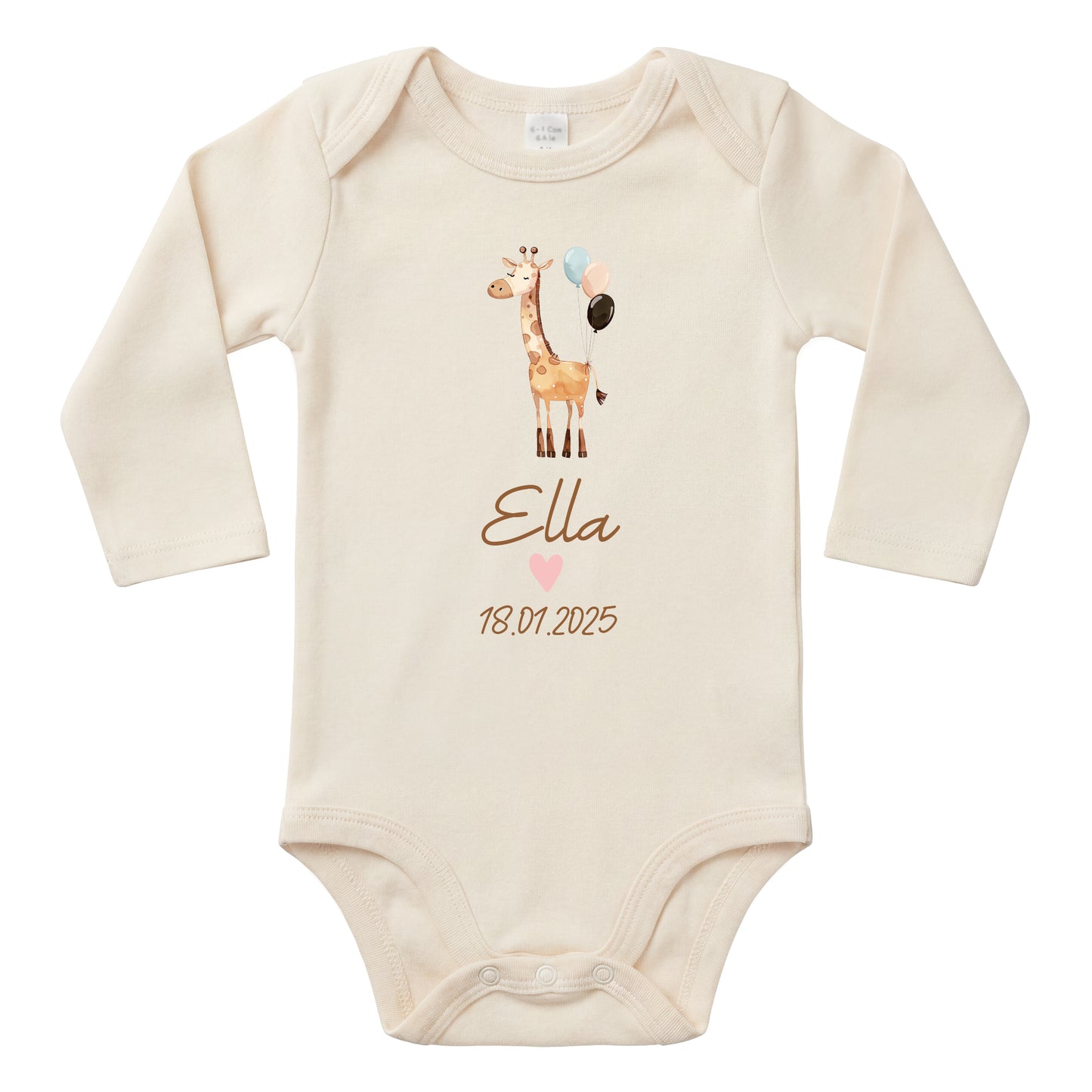 Baby Body Langarm mit Name & Geburtsdatum | Wickelbody aus Bio-Baumwolle | Tierparty - Giraffe