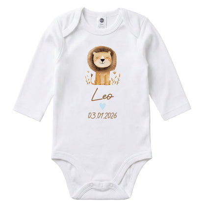 Baby Body Langarm mit Name & Geburtsdatum | Wickelbody aus Bio-Baumwolle | Tierparty - Löwe