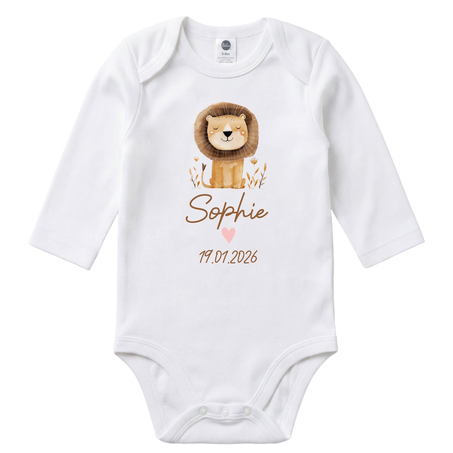 Baby Body Langarm mit Name & Geburtsdatum | Wickelbody aus Bio-Baumwolle | Tierparty - Löwe