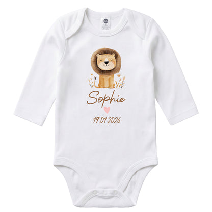 Baby Body Langarm mit Name & Geburtsdatum | Wickelbody aus Bio-Baumwolle | Tierparty - Löwe