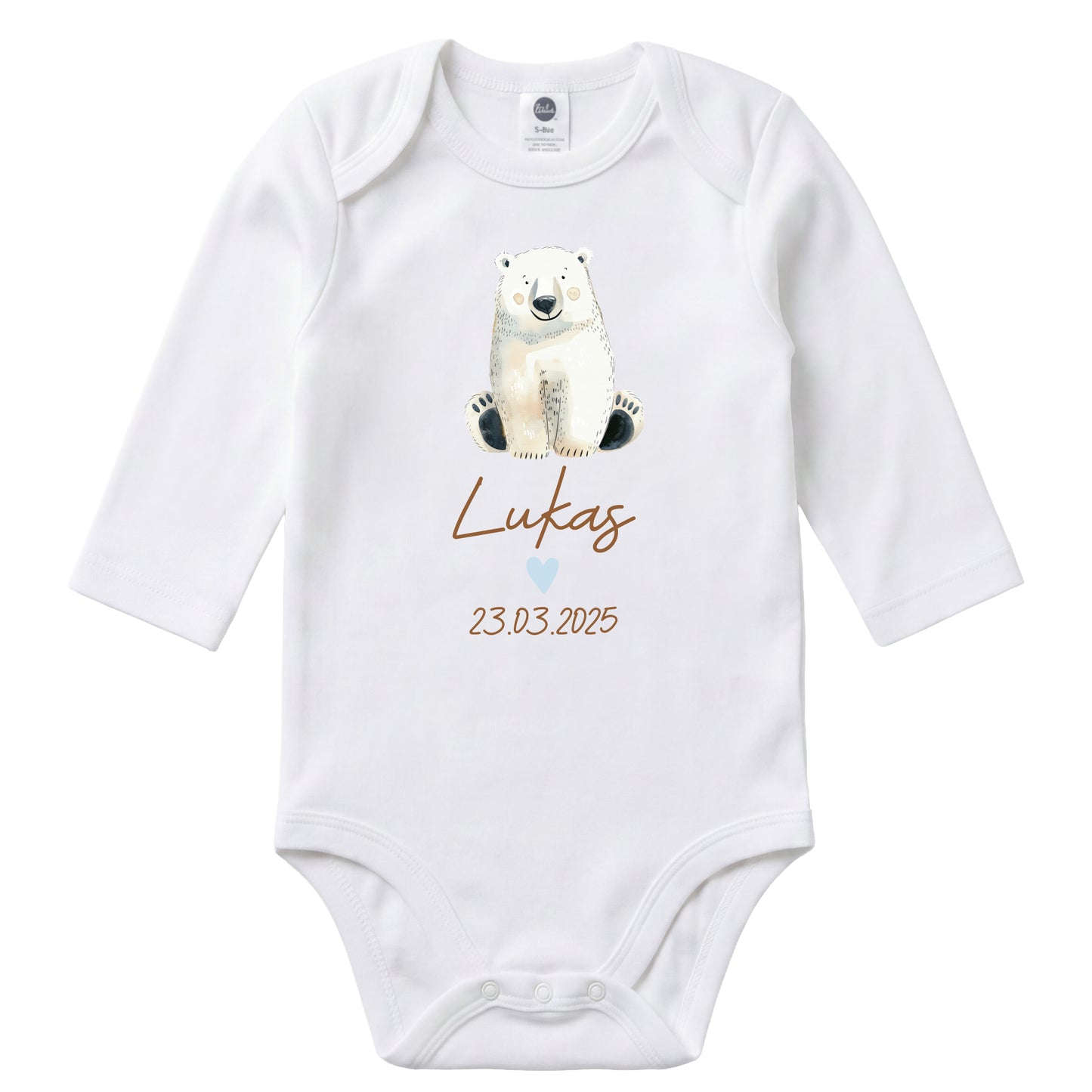 Baby Body Langarm mit Name & Geburtsdatum | Wickelbody aus Bio-Baumwolle | Tierparty - Eisbär