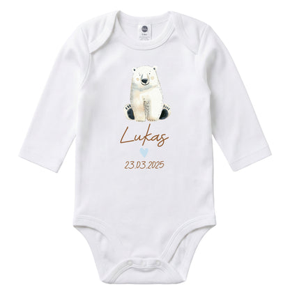 Baby Body Langarm mit Name & Geburtsdatum | Wickelbody aus Bio-Baumwolle | Tierparty - Eisbär