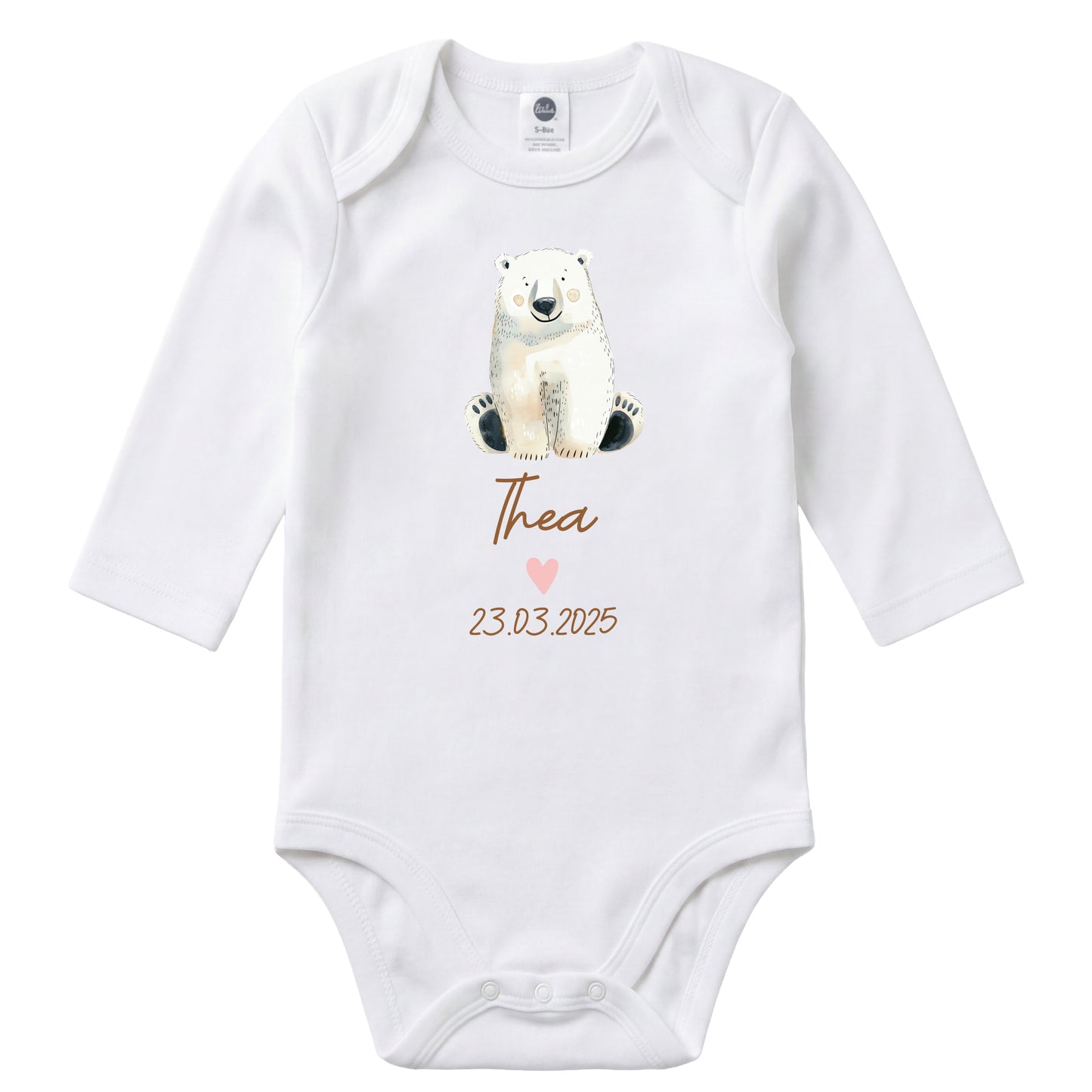 Baby Body Langarm mit Name & Geburtsdatum | Wickelbody aus Bio-Baumwolle | Tierparty - Eisbär
