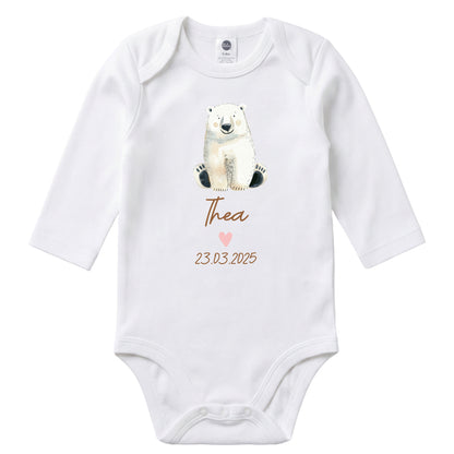 Baby Body Langarm mit Name & Geburtsdatum | Wickelbody aus Bio-Baumwolle | Tierparty - Eisbär
