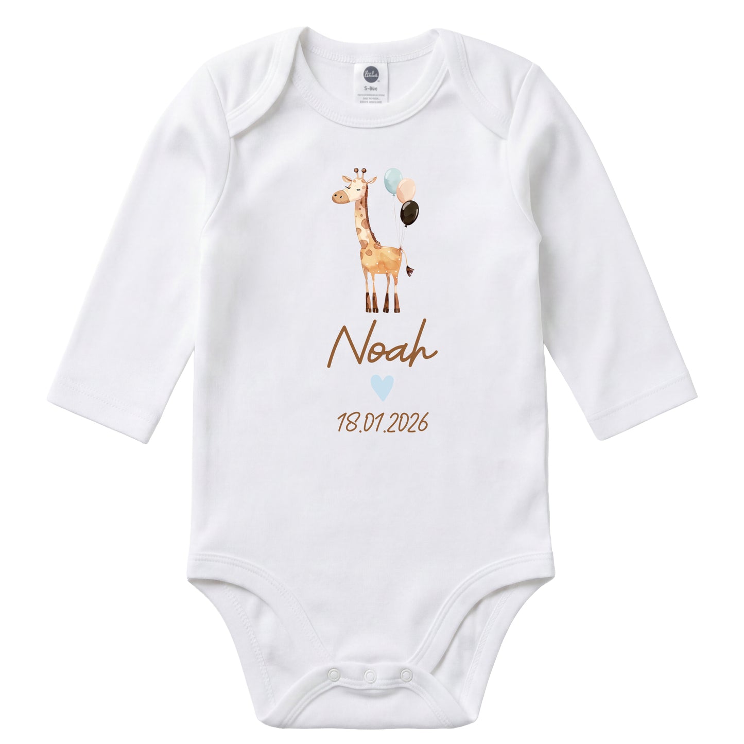 Baby Body Langarm mit Name & Geburtsdatum | Wickelbody aus Bio-Baumwolle | Tierparty - Giraffe
