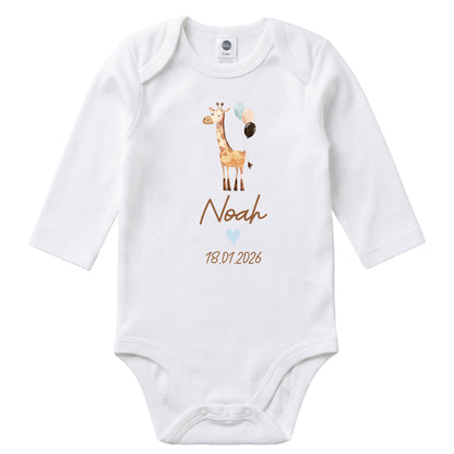 Baby Body Langarm mit Name & Geburtsdatum | Wickelbody aus Bio-Baumwolle | Tierparty - Giraffe