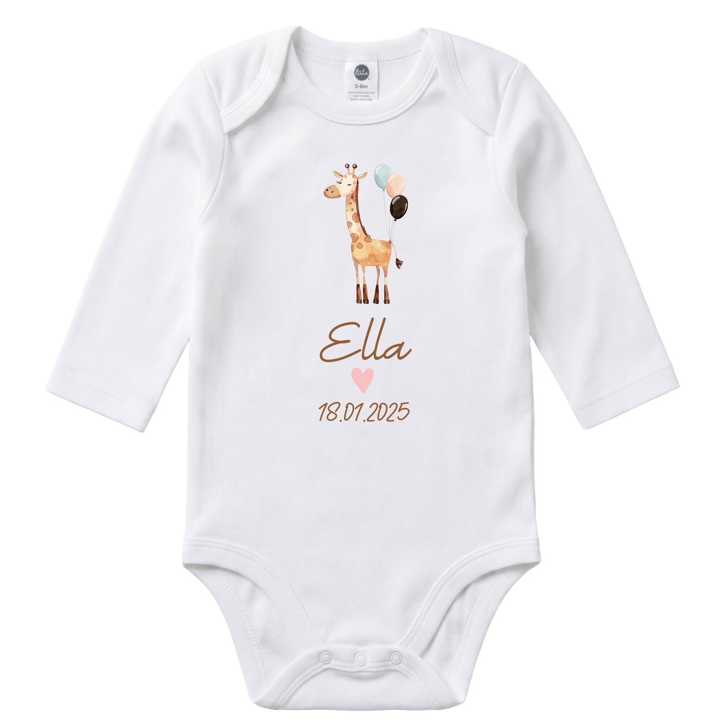 Baby Body Langarm mit Name & Geburtsdatum | Wickelbody aus Bio-Baumwolle | Tierparty - Giraffe