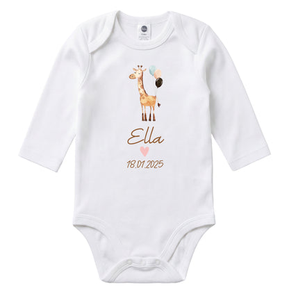 Baby Body Langarm mit Name & Geburtsdatum | Wickelbody aus Bio-Baumwolle | Tierparty - Giraffe