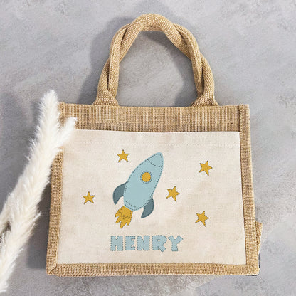 Personalisierte Jute Pocket Tasche | mit Wunschnamen | Fahrzeuge | Rakete | persönliches Geschenk für Kinder | auch als Geschenktasche