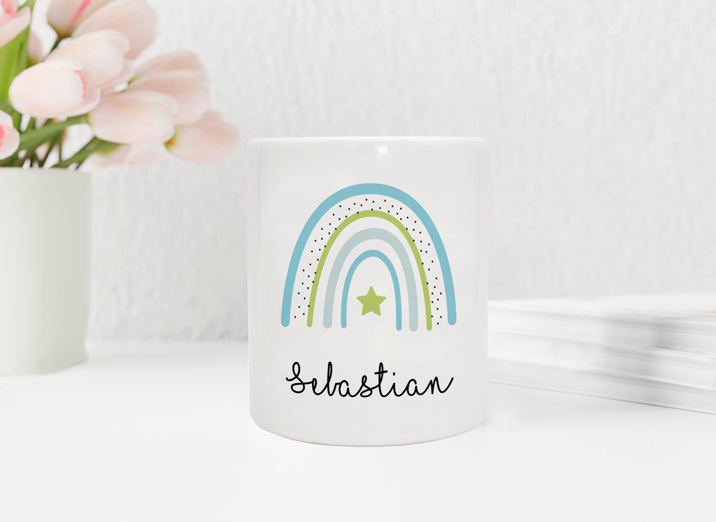 Keramik Spardose mit Name | Regenbogen blau- grün