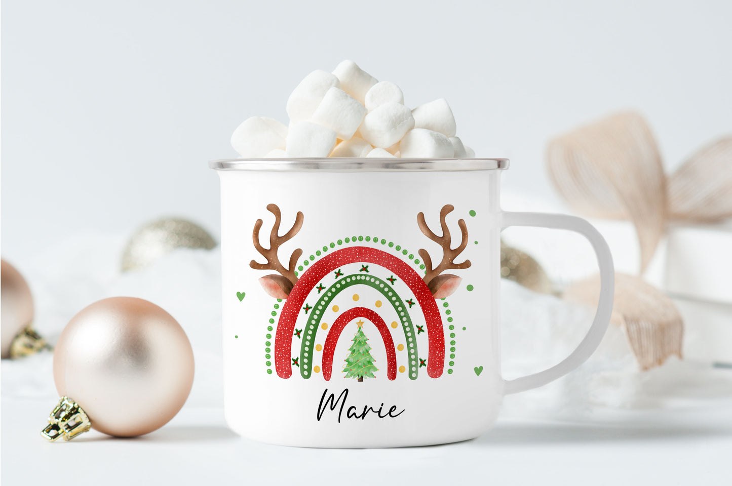 Emaille Tasse mit Name | Weihnachts- Regenbogen
