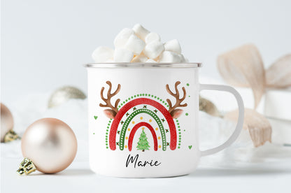 Emaille Tasse mit Name | Weihnachts- Regenbogen
