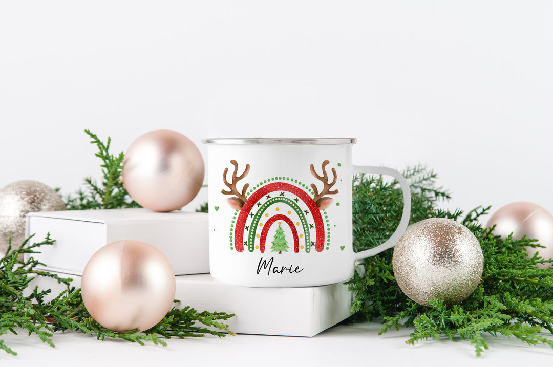 Personalisierter Emaillebecher | Emaille Tasse | Rand silber oder schwarz | mit Namen | Weihnachts- Regenbogen mit Geweih | Weihnachten