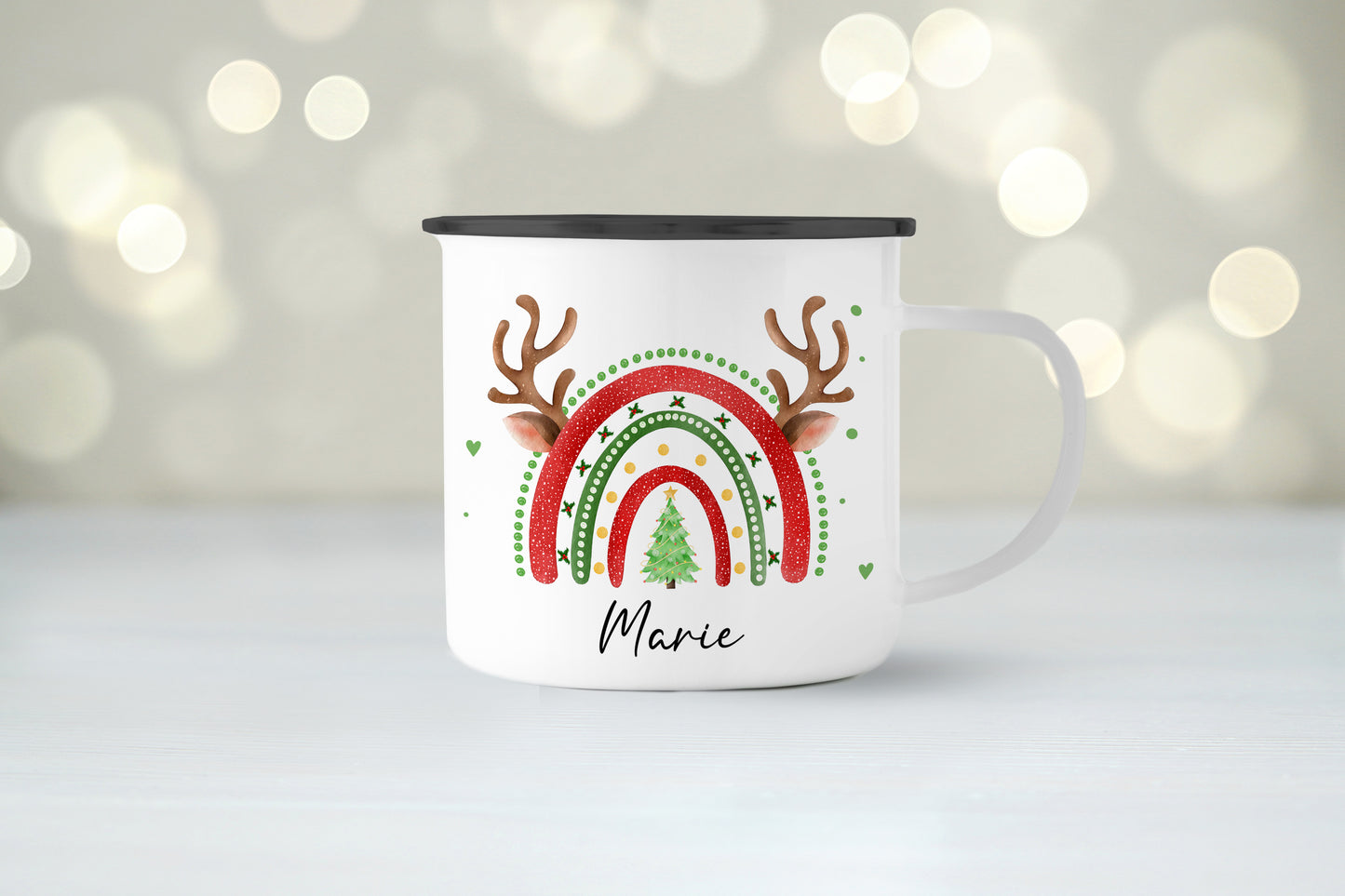 Emaille Tasse mit Name | Weihnachts- Regenbogen