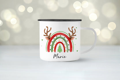 Emaille Tasse mit Name | Weihnachts- Regenbogen