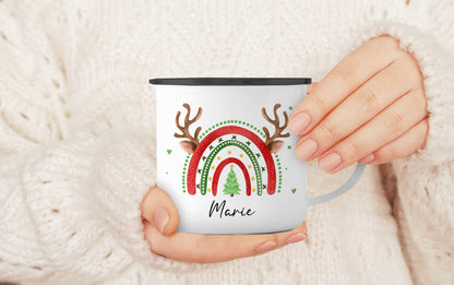 Emaille Tasse mit Name | Weihnachts- Regenbogen