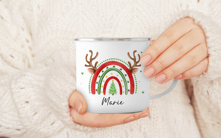 Personalisierter Emaillebecher | Emaille Tasse | Rand silber oder schwarz | mit Namen | Weihnachts- Regenbogen mit Geweih | Weihnachten