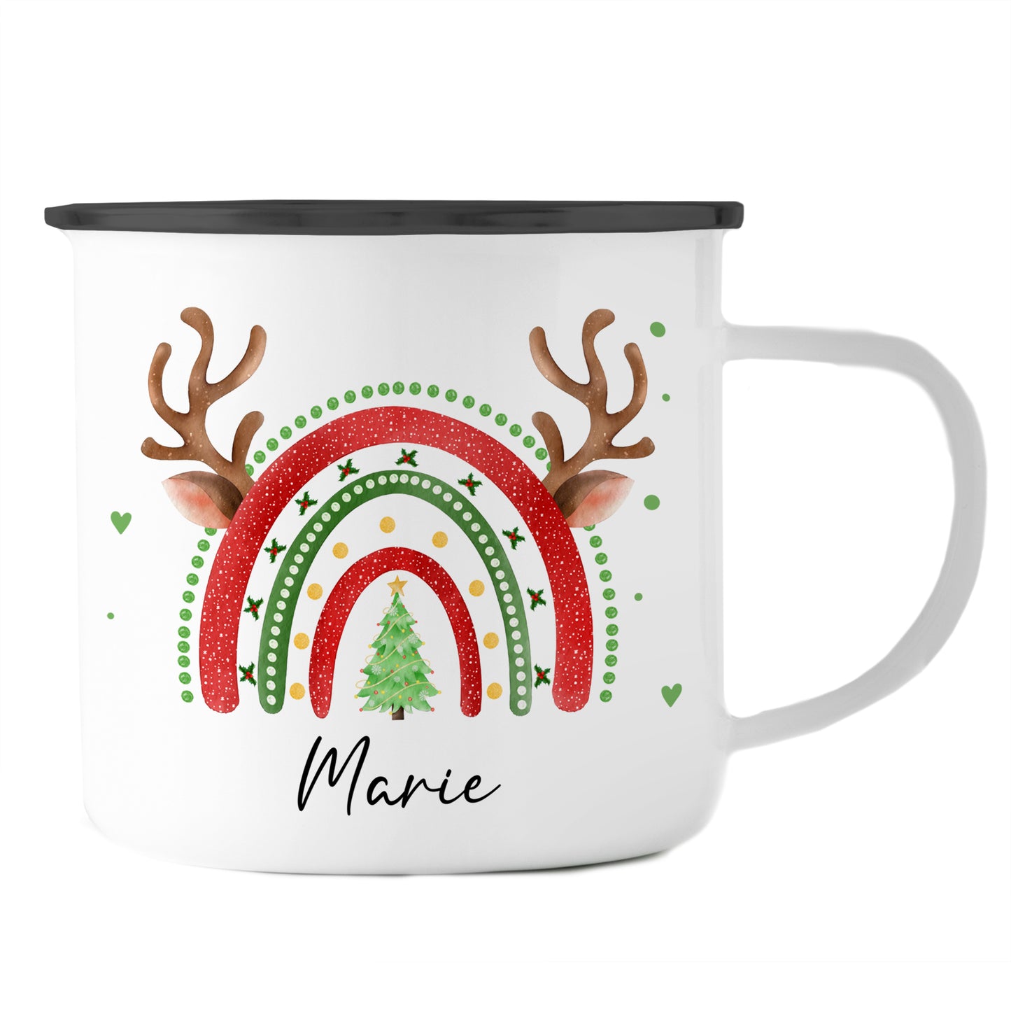 Emaille Tasse mit Name | Weihnachts- Regenbogen