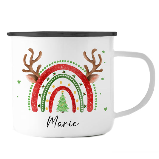 Emaille Tasse mit Name | Weihnachts- Regenbogen