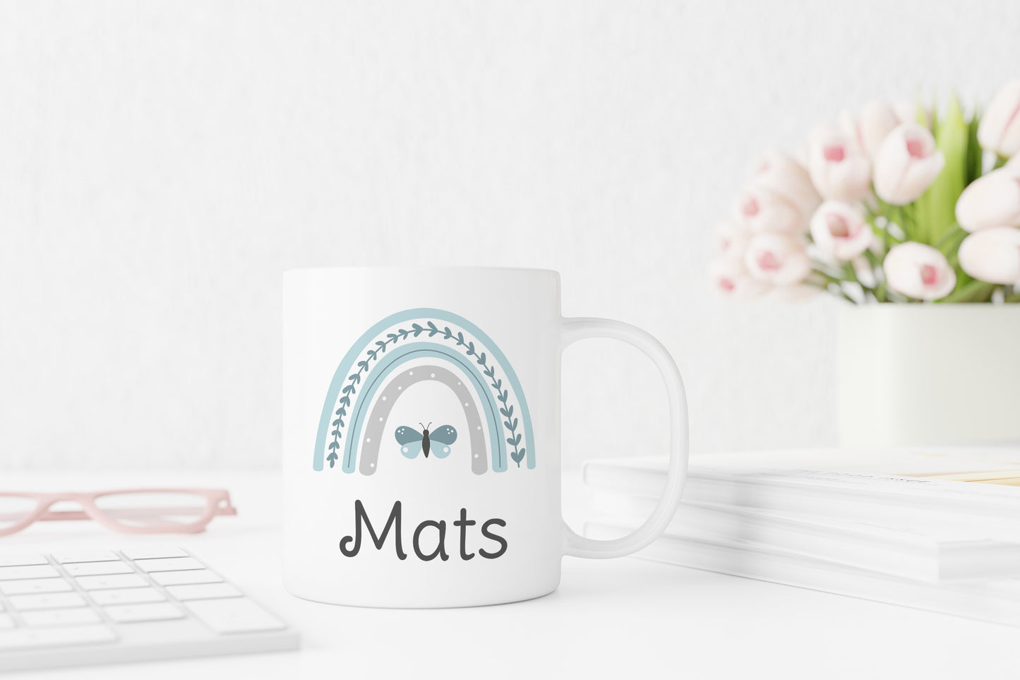 Keramik Tasse mit Namen | Regenbogen mint