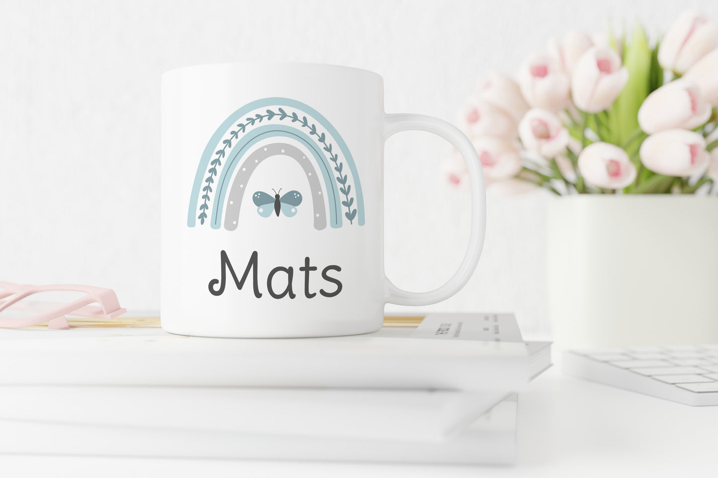 Keramik Tasse mit Namen | Regenbogen mint