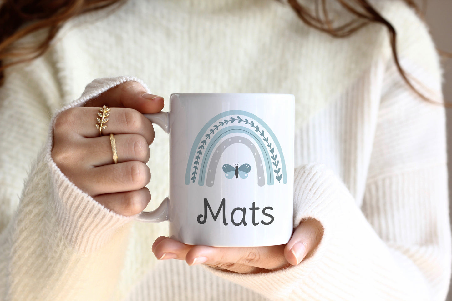 Keramik Tasse mit Namen | Regenbogen mint