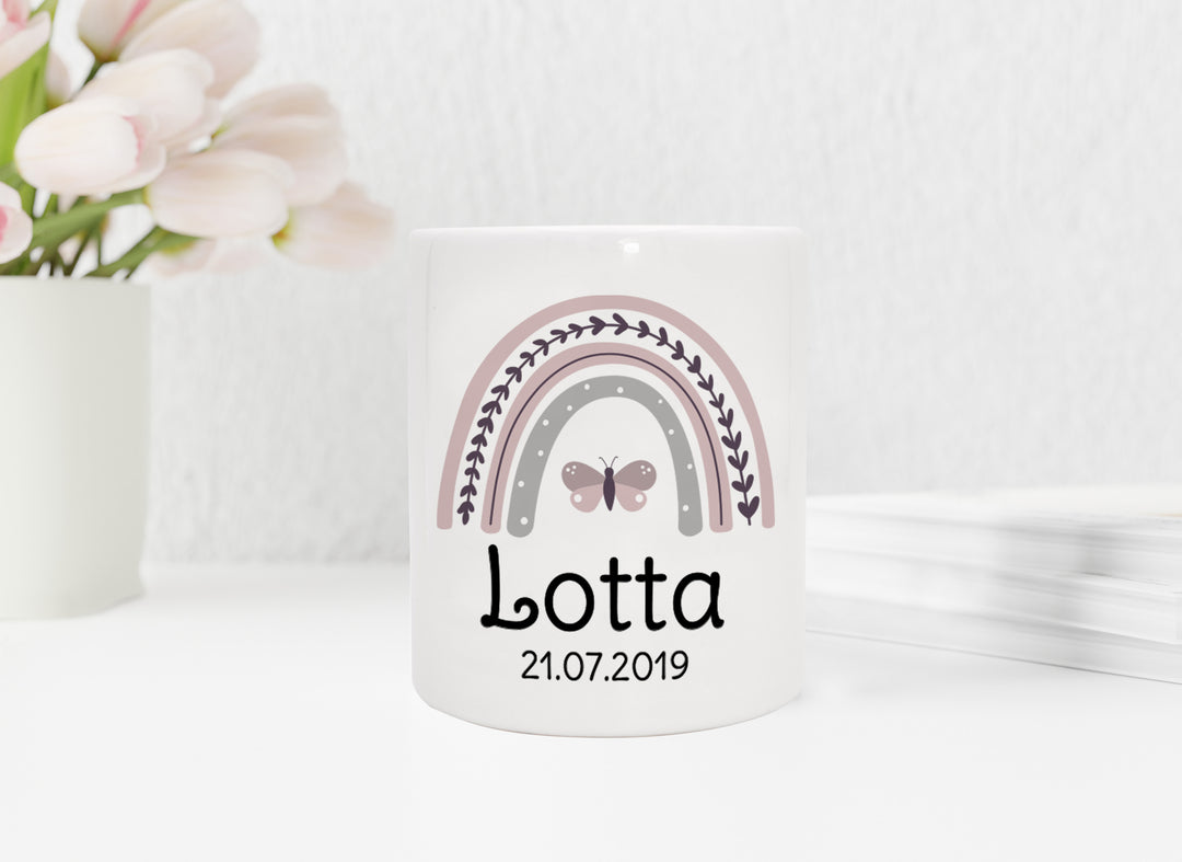 Personalisierte Spardose aus Keramik | mit Wunschnamen und Datum | Regenbogen rosa | Schmetterling